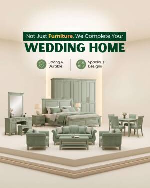A collection of sage green wedding home furniture including a bed, wardrobe, dresser, and living room set on a display platform.