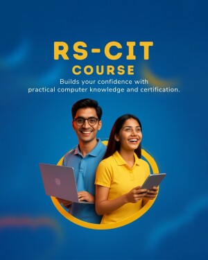 RS-CIT Course advertisement featuring two students with laptops and tablets.