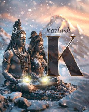 Digital art depicting Lord Shiva and Goddess Parvati meditating in the Himalayas with the letter 'K' and the word 'Kailash'.