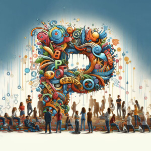 Colorful illustration of a letter 'P' formed by various objects and surrounded by people.