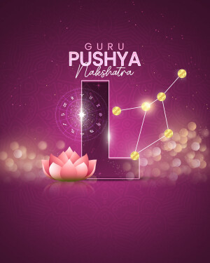 Graphic design featuring the words 'Guru Pushya Nakshatra' with astrological symbols and a lotus flower.