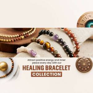 Close-up of various healing crystal bracelets on a wooden surface with text promoting positive energy.