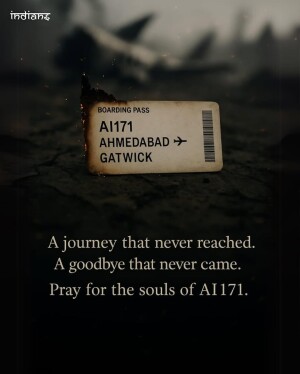 Boarding pass for flight AI171 resting on cracked ground with a memorial message.
