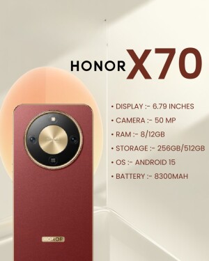 Close-up of the Honor X70 smartphone showcasing its camera module and specifications.