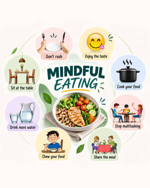 An infographic titled Mindful Eating featuring tips like don't rush, enjoy the taste, cook your food, sit at the table, drink more water, stop multitasking, chew your food, and share the meal.