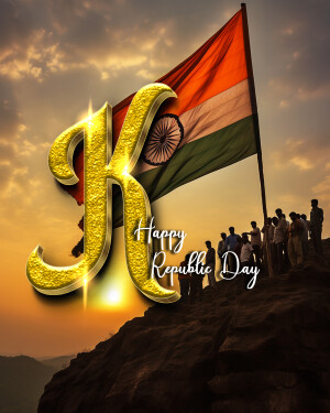 Indian flag waving with 'K' and Republic Day greeting