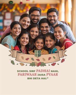 Group of students smiling and posing for a photo with school emblem