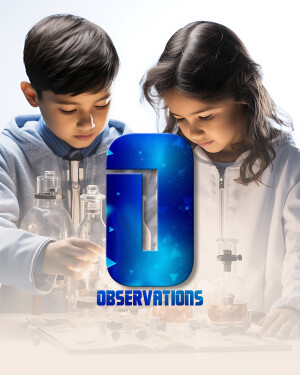 Two young children conducting a science experiment in a laboratory setting with a large letter 'J' and the word 'Observations'.