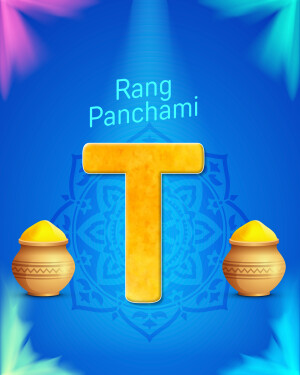 Rang Panchami festival with golden letter T and traditional pots