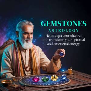An image of an astrologer with gemstones and an astrological chart.