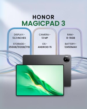 Honor MagicPad 3 tablet with specifications displayed