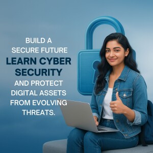 Woman with laptop and padlock icon promoting cybersecurity learning