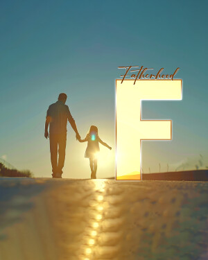 Silhouette of a father and daughter walking towards the sunset with a large letter 'F'