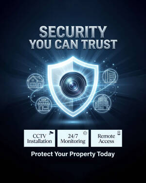 CCTV security camera system with shield icon and 24/7 monitoring services