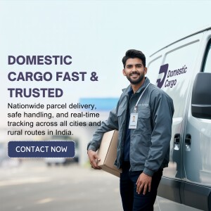 Delivery man holding a package in front of a cargo van