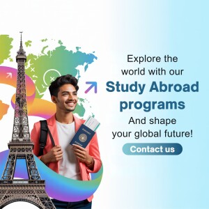 A young man holding a passport and standing in front of the Eiffel Tower, promoting study abroad programs.