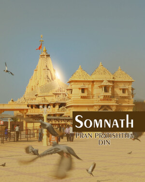A majestic view of the Somnath Temple in Gujarat, India, with birds flying around it.