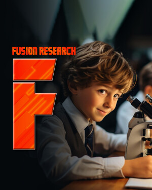 A young boy looking through a microscope with a large 'F' logo in the foreground.