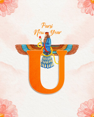 Illustration of Zoroastrian figure with Faravahar symbol and the letter 'U' for Nowruz
