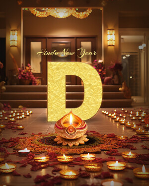 Golden letter 'D' with a Diya lamp for Hindu New Year