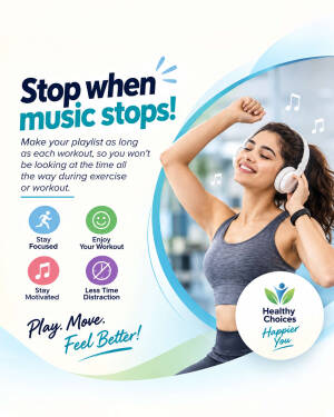 A woman exercising while listening to music with headphones, accompanied by tips on staying motivated during workouts.