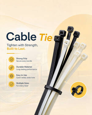 A set of black and white nylon cable ties displayed against a professional product background