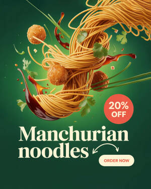 A dynamic promotional graphic for Manchurian noodles with flying ingredients and a 20% off discount badge