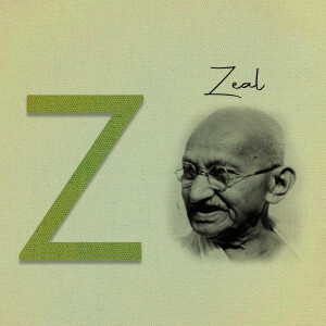 Portrait of Mahatma Gandhi with a large green letter Z and the word Zeal