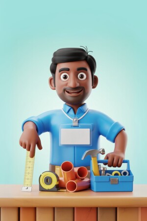3D rendering of a smiling plumber with tools
