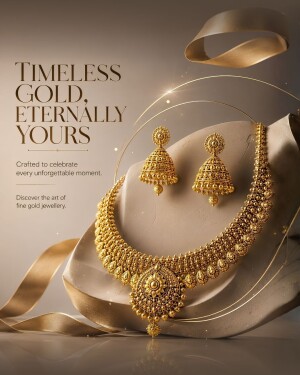 Elegant gold necklace and jhumka earrings set on a display stand