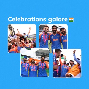 Collage of Indian cricket team celebrating a victory with medals and joyful expressions.