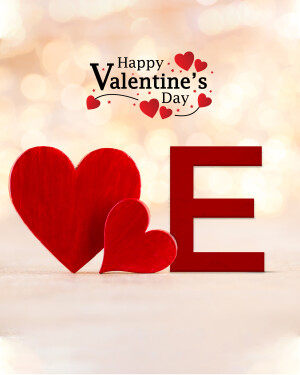 Valentine's Day card with hearts and the letter E