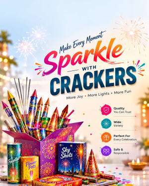 A collection of various Diwali firecrackers arranged in and around a gift box against a festive background with fireworks.