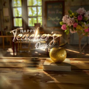 A still life image celebrating Teacher's Day with an apple, books, and a classroom background.