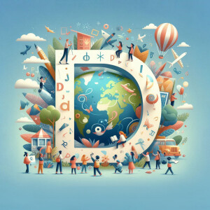 Illustration of the letter 'D' incorporating a globe and various educational elements with people.
