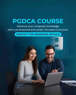 Image promoting a PGDCA course with students working on a laptop.