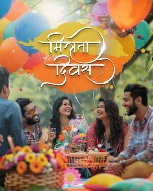 Group of friends celebrating Friendship Day with balloons and a picnic.