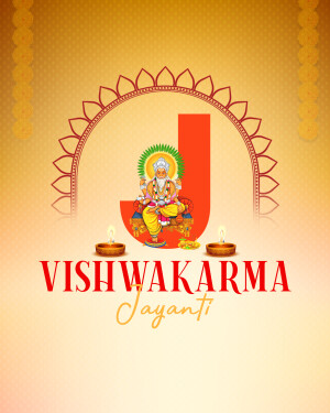 Vishwakarma Jayanti festive graphic with Lord Vishwakarma and the letter 'J'