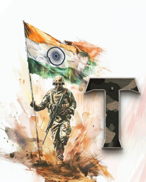 Watercolor illustration of an Indian soldier with the Indian flag and the letter 'T'