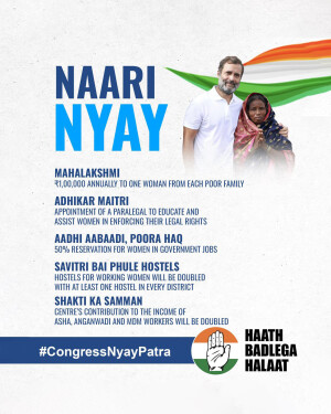 Political poster featuring Rahul Gandhi with a woman, promoting the Naari Nyay scheme.