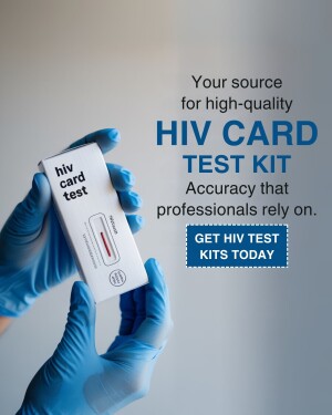 A hand wearing blue gloves holding an HIV test kit.