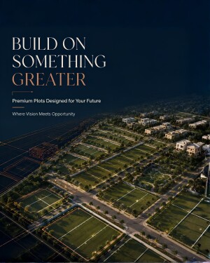 Aerial view of a master-planned residential community with green plots and modern houses at dusk