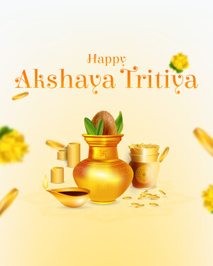 Akshaya Tritiya festive image with gold coins, pot, and flowers