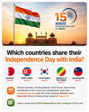 Infographic showing countries that share Independence Day on August 15th with India