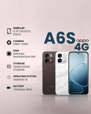 Oppo A6S 4G smartphone showing back and front design with key features listed