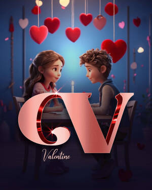 Cartoon illustration of a boy and girl on a Valentine's Day date with a large letter 'V'