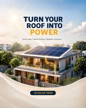 Modern house with solar panels installed on roof with sunny sky background and power energy concept graphic