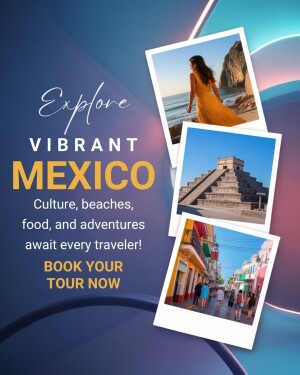 Travel poster for Mexico featuring photos of beaches, Mayan ruins, and a colorful town.