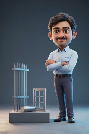 3D rendering of a man with a mustache standing near metal construction elements.