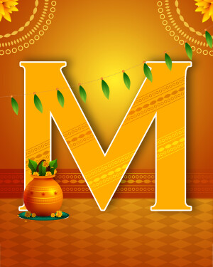 Letter M decorated with Indian motifs and a traditional pot